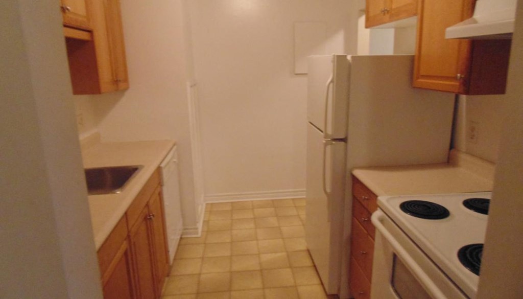 A kitchen with a refrigerator, stove, and sink.