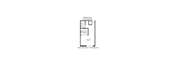 A floor plan of a 3 Dillman Place typicalbachelor apartment with a living room, two bedrooms, and a bathroom.