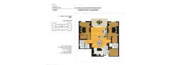 A floor plan of a house with a living room, kitchen, and two bedrooms.