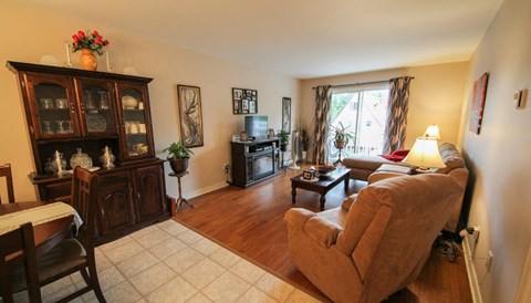 A living room with a brown couch, a wooden cabinet, and a television.
