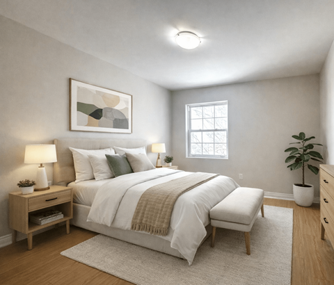 A bedroom with a large bed, a nightstand with a lamp, a window, and a potted plant.