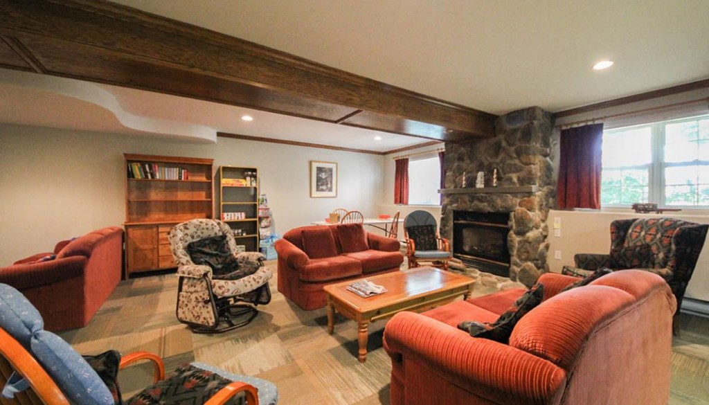 A living room with a fireplace and a chair with a black and white pattern.