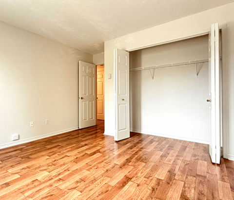 A room with a wooden floor and a white door.