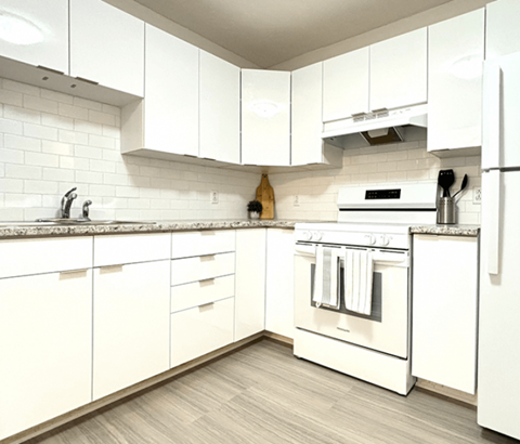 A white kitchen with a stove and a refrigerator.