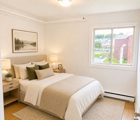 A bedroom with a large bed and a window overlooking a parking lot.