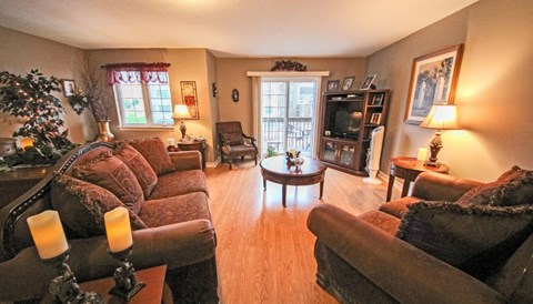 A living room with a Christmas tree and a couch.