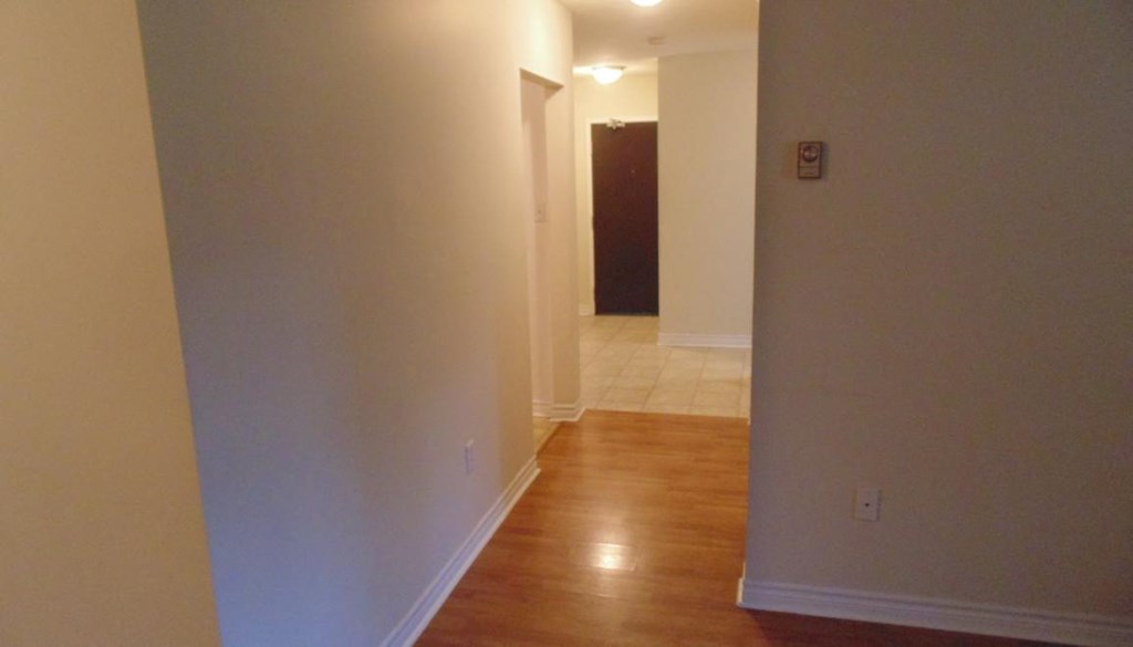 A hallway with a wooden floor and a door at the end.