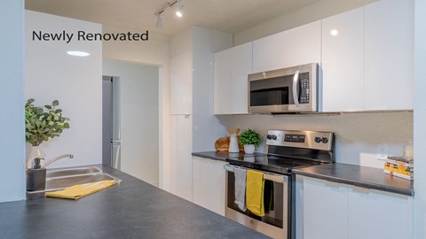 a kitchen with white cabinets and a sink and a microwave