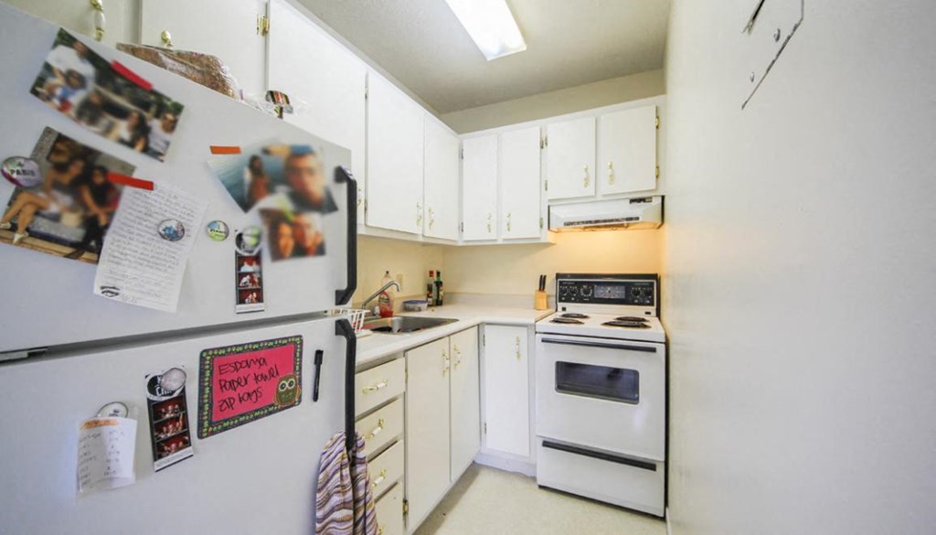 a kitchen with a stove and a refrigerator