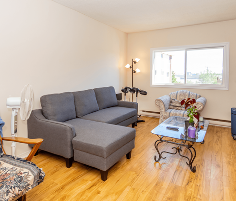 A grey couch sits in a living room with a fan and a chair.
