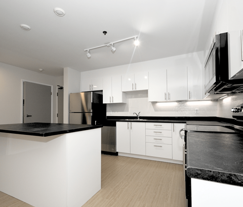 A modern kitchen with white cabinets and black countertops.