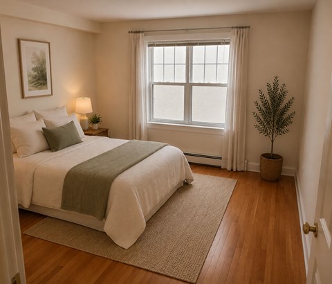 A bedroom with a large bed and a window with white curtains.