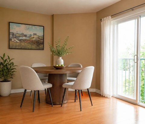 A dining room with a table set for four and a painting on the wall.