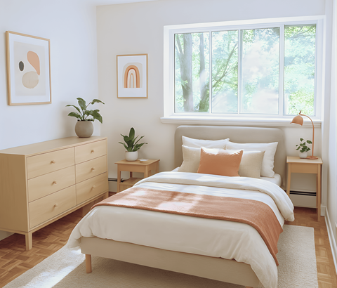 A bedroom with a large bed, a dresser, and a window with a view of trees.