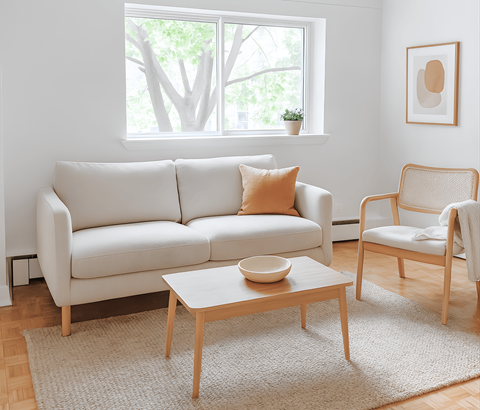 A white couch sits in a living room with a wooden coffee table in front of it.