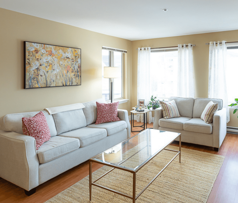 A living room with a large painting on the wall and two couches.