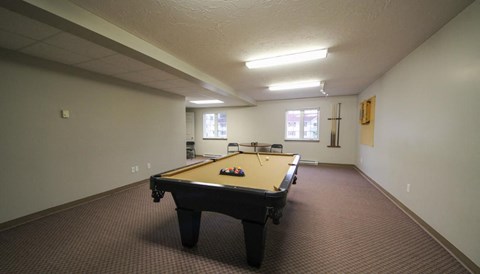 A pool table is in the middle of the room.