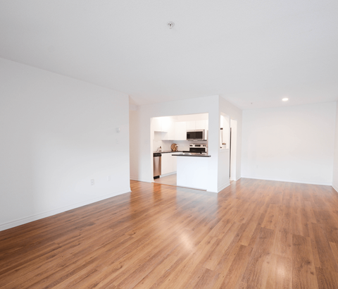 A room with wooden floors and a kitchen area in the background.