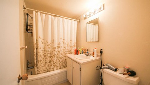a bathroom with a sink and a shower and a toilet