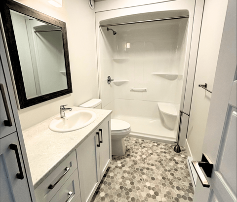 A bathroom with a sink, toilet, and shower.