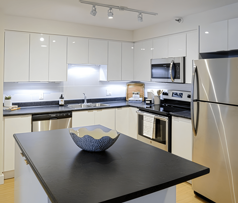 A modern kitchen with a black countertop and stainless steel appliances.