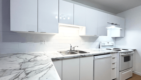 A kitchen with white cabinets and a marble countertop.