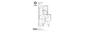 A floor plan for a suite at The Alexander shows a living room, bedroom, bathroom, kitchen, and balcony.