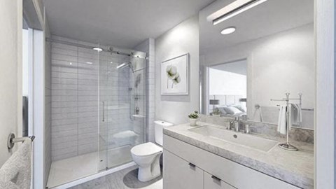 a bathroom with a sink toilet and a shower