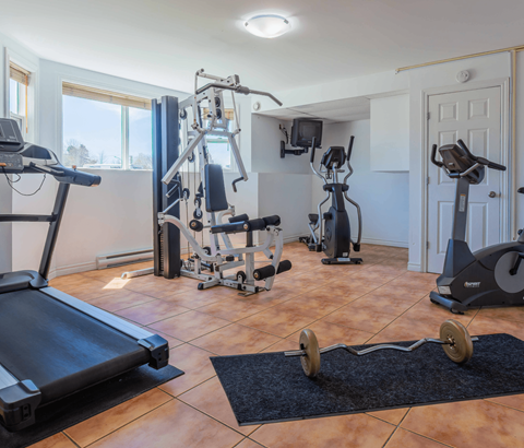 A home gym with a treadmill, weights, and exercise machines.