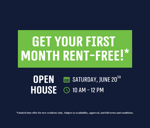 An advertisement for a free first month rent offer on June 20th from 10 AM to 12 PM.