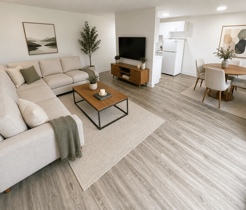 A living room with a grey sofa, a coffee table, and a television.