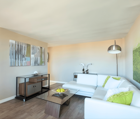 A modern living room with a white couch and a glass coffee table.