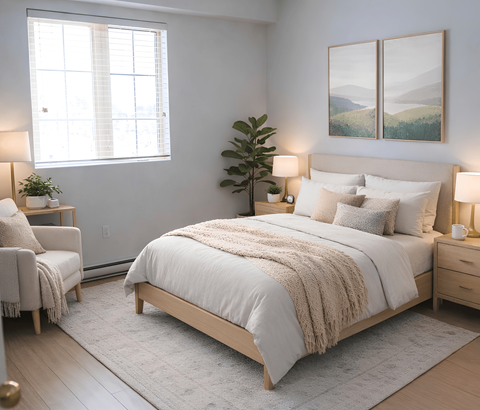 A bedroom with a large bed, a chair, and a painting on the wall.