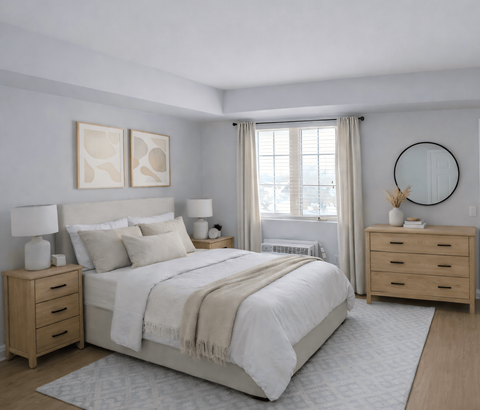 A bedroom with a large bed, two nightstands, and a round mirror on the wall.