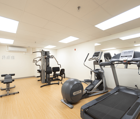 A gym with a treadmill, exercise bike, and other equipment.