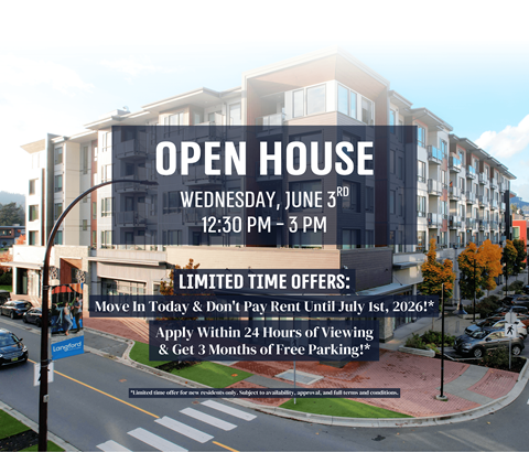 An open house event is advertised for Wednesday, June 3rd from 12:30 PM to 3 PM.