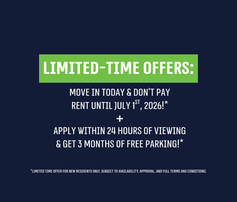 A promotional image offering a limited-time offer for free parking and rent for new residents.