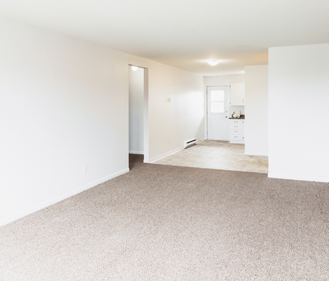 A room with a carpeted floor and a doorway leading to another room.