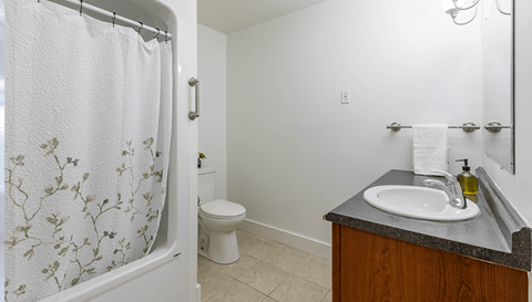 A bathroom with a toilet, sink, and shower curtain.