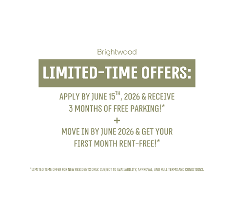 A promotional image for Brightwood offers free parking and a free first month's rent for new residents moving in by June 2026.