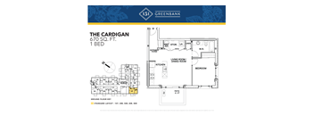 A floor plan for a 670 square foot 1 bedroom apartment from Greenbank.