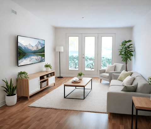 A modern living room with a large painting on the wall and a view of the outdoors through the sliding glass doors.