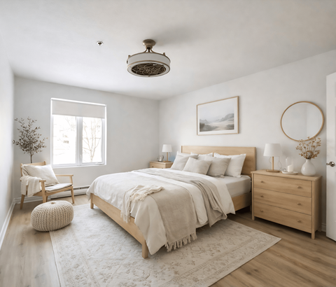 A bedroom with a large bed, a chair, and a plant.
