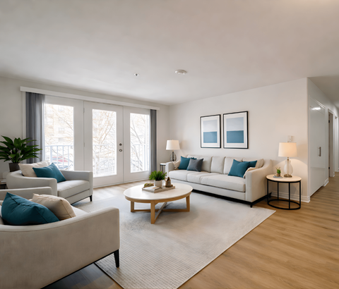 A living room with a white couch, a coffee table, and a plant.