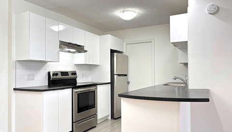 A kitchen with white cabinets and black countertops.