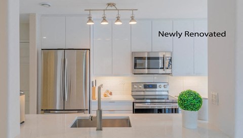 a white kitchen with a sink and a refrigerator