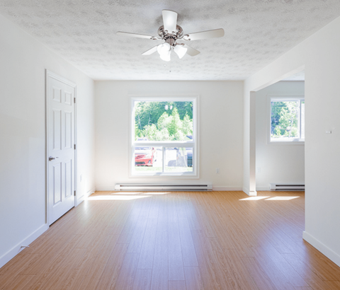 A room with a ceiling fan and a window with a view of trees and a red car outside.