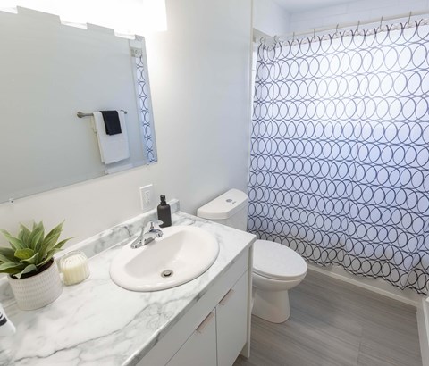 A bathroom with a white sink, toilet, and a shower curtain with a circular pattern.