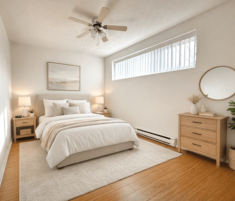 A bedroom with a large bed, a ceiling fan, and a nightstand with a lamp.