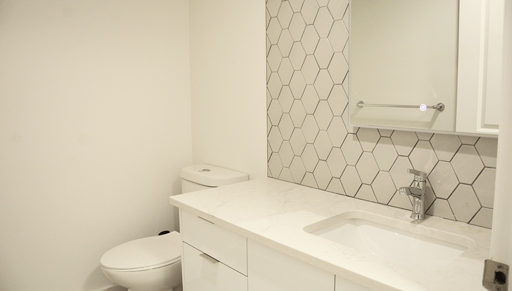 A white toilet sits next to a sink in a bathroom.